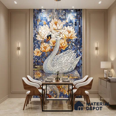 Faux Mosaic Mural Poster Wall Tile TL 07927 Elegant Swan 4 ft x 2 ft Vitrified Glossy Punch Finish - 9 mm | Suitable For Living Room, Bedroom & Office