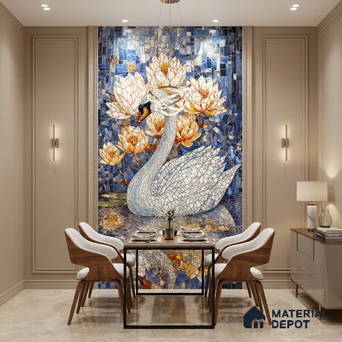 Faux Mosaic Mural Poster Wall Tile TL 07927 Elegant Swan 4 ft x 2 ft Vitrified Glossy Punch Finish - 9 mm | Suitable For Living Room, Bedroom & Office