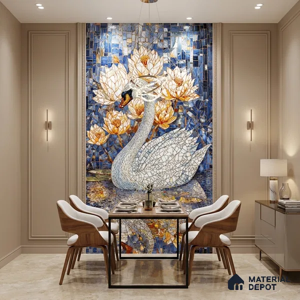 Faux Mosaic Mural Poster Wall Tile TL 07927 Elegant Swan 4 ft x 2 ft Vitrified Glossy Punch Finish - 9 mm | Suitable For Living Room, Bedroom & Office
