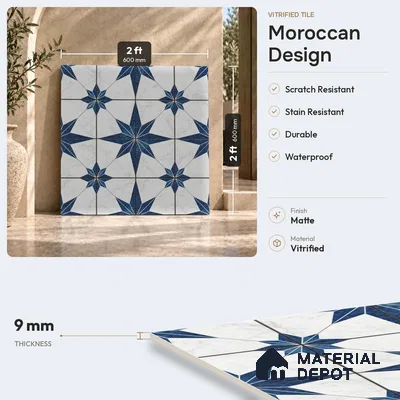 Multifired Moroccan Floor & Wall Tile TL 07950 Caspian Veil 2 ft x 2 ft Vitrified Matte Finish - 9 mm | Suitable for Living Room, Bathroom, Kitchen & Backsplash
