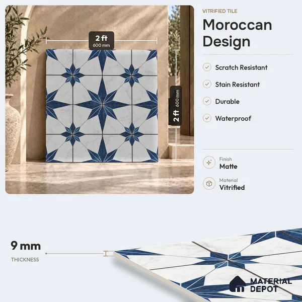 Multifired Moroccan Floor & Wall Tile TL 07950 Caspian Veil 2 ft x 2 ft Vitrified Matte Finish - 9 mm | Suitable for Living Room, Bathroom, Kitchen & Backsplash