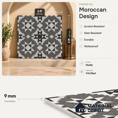 Multifired Moroccan Floor & Wall Tile TL 07951 Moonlit Alloy 2 ft x 2 ft Vitrified Matte Finish - 9 mm | Suitable for Living Room, Bathroom, Kitchen & Backsplash