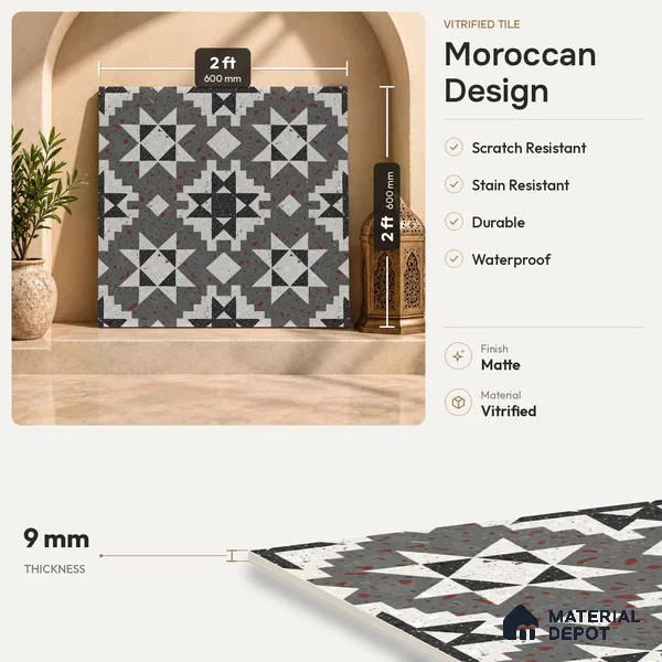 Multifired Moroccan Floor & Wall Tile TL 07951 Moonlit Alloy 2 ft x 2 ft Vitrified Matte Finish - 9 mm | Suitable for Living Room, Bathroom, Kitchen & Backsplash