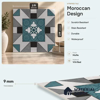 Multifired Moroccan Floor & Wall Tile TL 07952 Silver Fjord 2 ft x 2 ft Vitrified Matte Finish - 9 mm | Suitable for Living Room, Bathroom, Kitchen & Backsplash
