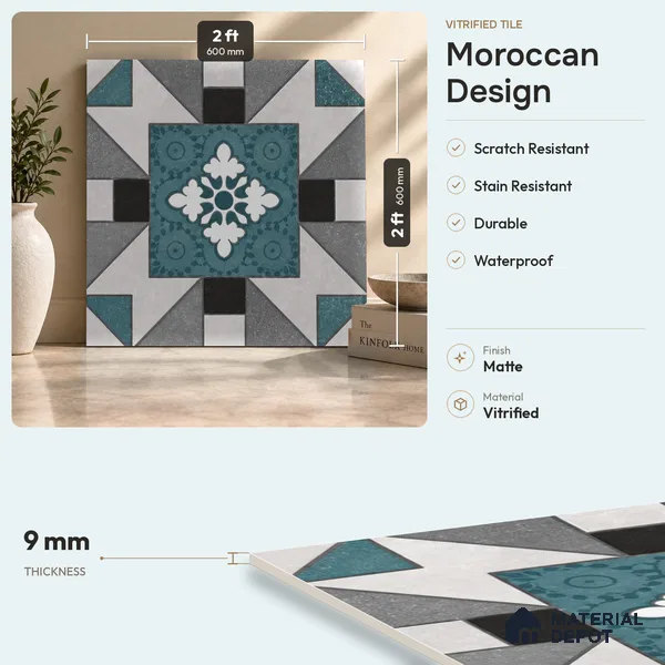 Multifired Moroccan Floor & Wall Tile TL 07952 Silver Fjord 2 ft x 2 ft Vitrified Matte Finish - 9 mm | Suitable for Living Room, Bathroom, Kitchen & Backsplash