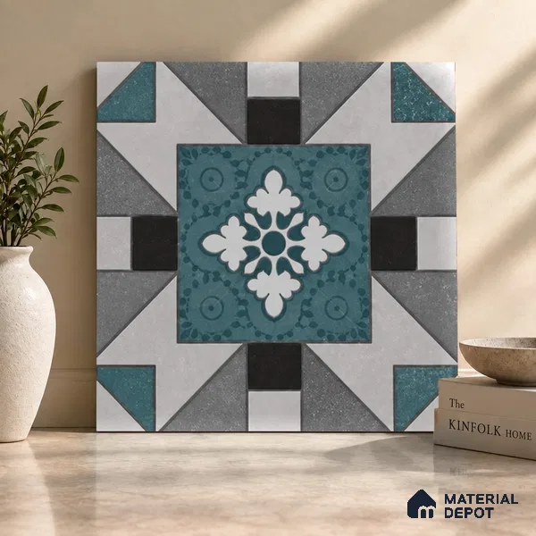 Multifired Moroccan Floor & Wall Tile TL 07952 Silver Fjord 2 ft x 2 ft Vitrified Matte Finish - 9 mm | Suitable for Living Room, Bathroom, Kitchen & Backsplash