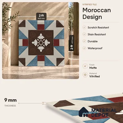 Multifired Moroccan Floor & Wall Tile TL 07953 Sterling Mirage 2 ft x 2 ft Vitrified Matte Finish - 9 mm | Suitable for Living Room, Bathroom, Kitchen & Backsplash