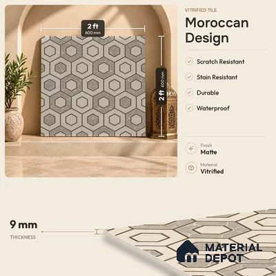 Multifired Moroccan Floor & Wall Tile TL 07954 Titan Halo 2 ft x 2 ft Vitrified Matte Finish - 9 mm | Suitable for Living Room, Bathroom, Kitchen & Backsplash