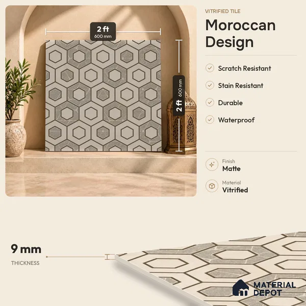 Multifired Moroccan Floor & Wall Tile TL 07954 Titan Halo 2 ft x 2 ft Vitrified Matte Finish - 9 mm | Suitable for Living Room, Bathroom, Kitchen & Backsplash