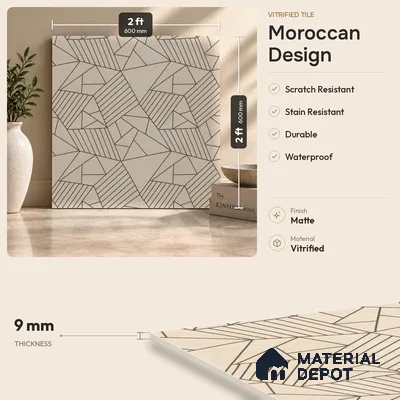 Multifired Moroccan Floor & Wall Tile TL 07955 Lunar Drift 2 ft x 2 ft Vitrified Matte Finish - 9 mm | Suitable for Living Room, Bathroom, Kitchen & Backsplash