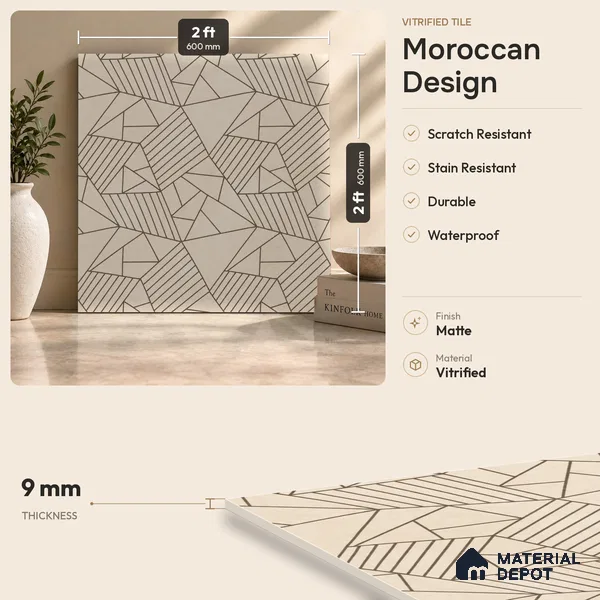 Multifired Moroccan Floor & Wall Tile TL 07955 Lunar Drift 2 ft x 2 ft Vitrified Matte Finish - 9 mm | Suitable for Living Room, Bathroom, Kitchen & Backsplash