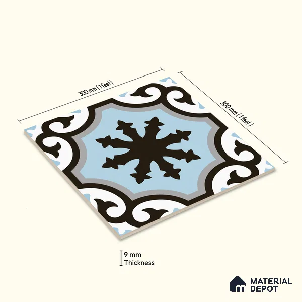 Multifired Moroccan Floor & Wall Tile TL 07956 B Graphite Lace 12 x 12 inch Vitrified Matte Finish - 9 mm | Suitable for Living Room, Bathroom, Kitchen & Backsplash