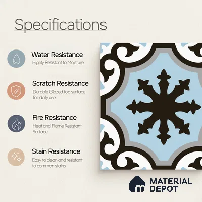 Multifired Moroccan Floor & Wall Tile TL 07956 B Graphite Lace 12 x 12 inch Vitrified Matte Finish - 9 mm | Suitable for Living Room, Bathroom, Kitchen & Backsplash