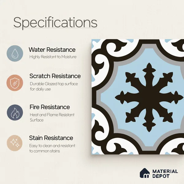 Multifired Moroccan Floor & Wall Tile TL 07956 B Graphite Lace 12 x 12 inch Vitrified Matte Finish - 9 mm | Suitable for Living Room, Bathroom, Kitchen & Backsplash