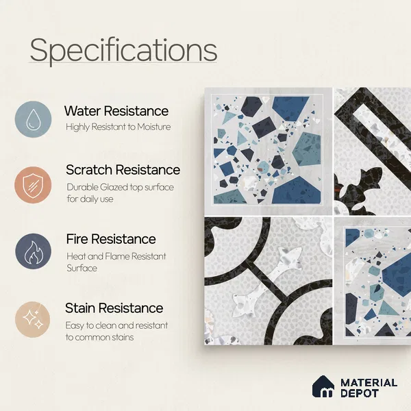 Multifired Moroccan Floor & Wall Tile TL 07956 F Cendre Alloy 12 x 12 inch Vitrified Matte Finish - 9 mm | Suitable for Living Room, Bathroom, Kitchen & Backsplash