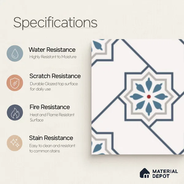 Multifired Moroccan Floor & Wall Tile TL 07956 Sevilla Smoke 12 x 12 inch Vitrified Matte Finish - 9 mm | Suitable for Living Room, Bathroom, Kitchen & Backsplash