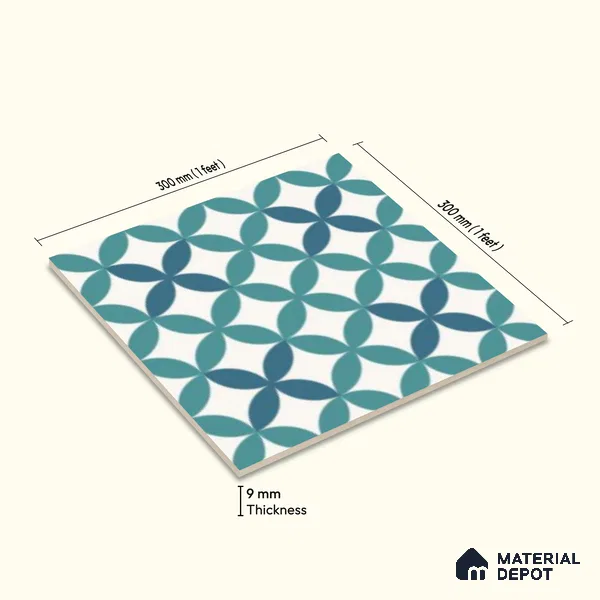 Multifired Moroccan Floor & Wall Tile TL 07957 Tyrrhenian Blue 12 x 12 inch Vitrified Matte Finish - 9 mm | Suitable for Living Room, Bathroom, Kitchen & Backsplash