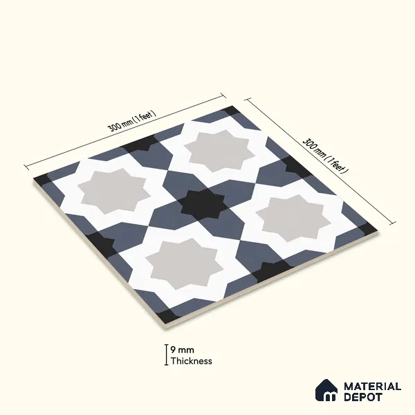 Multifired Moroccan Floor & Wall Tile TL 07962 Astral Denim 12 x 12 inch Vitrified Matte Finish - 9 mm | Suitable for Living Room, Bathroom, Kitchen & Backsplash