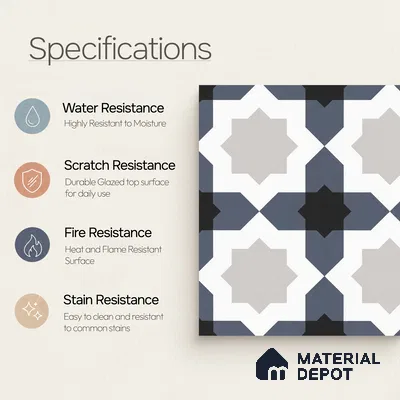 Multifired Moroccan Floor & Wall Tile TL 07962 Astral Denim 12 x 12 inch Vitrified Matte Finish - 9 mm | Suitable for Living Room, Bathroom, Kitchen & Backsplash