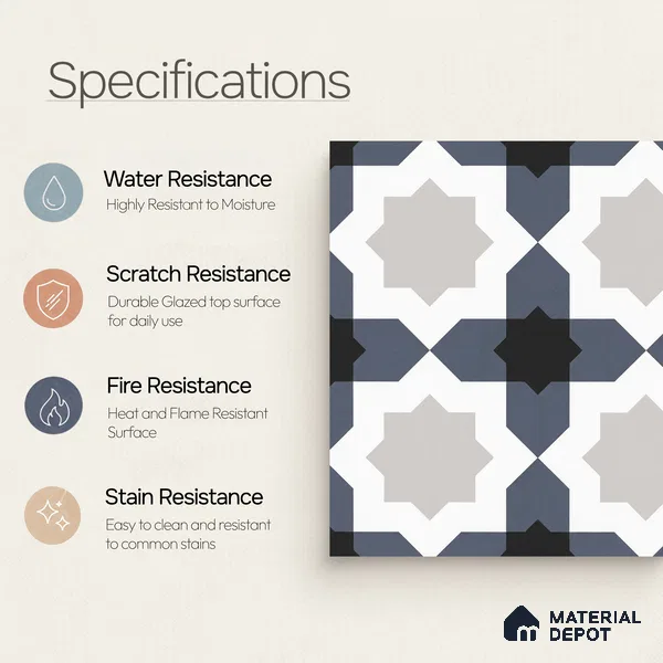 Multifired Moroccan Floor & Wall Tile TL 07962 Astral Denim 12 x 12 inch Vitrified Matte Finish - 9 mm | Suitable for Living Room, Bathroom, Kitchen & Backsplash