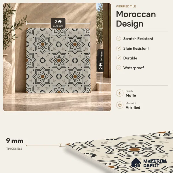 Moroccan Tile TL 08032 B Seoni Beige Beige 2 ft x 2 ft Vitrified Matte Finish - 9 mm | Suitable For Kitchen Backsplash, Balcony, Dining Area | Please Expect a Slight Variation of Pattern
