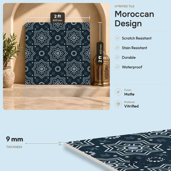 Moroccan Tile TL 08032 Seoni Black Black 2 ft x 2 ft Vitrified Matte Finish - 9 mm | Suitable For Kitchen Backspash, Accent/Feature Wall, Dining Area | Please Expect a Slight Variation of Pattern