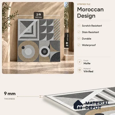 Moroccan Tile TL 08035 Linton Decor Grey 2 ft x 2 ft Vitrified Matte Finish - 9 mm | Suitable For Kitchen, Accent/Feature Wall, Dining Area | Please Expect a Slight Variation of Pattern