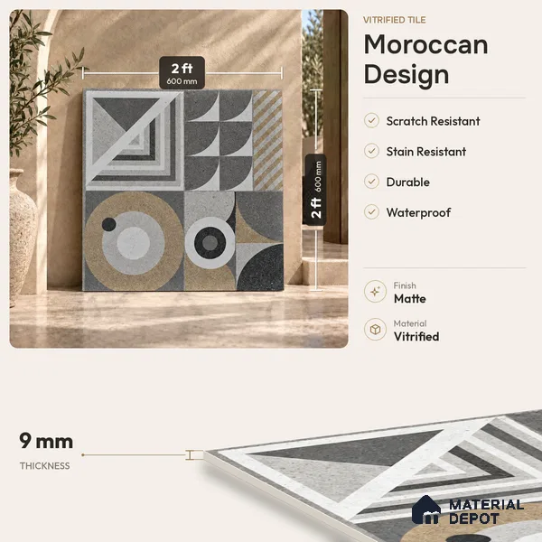 Moroccan Tile TL 08035 Linton Decor Grey 2 ft x 2 ft Vitrified Matte Finish - 9 mm | Suitable For Kitchen, Accent/Feature Wall, Dining Area | Please Expect a Slight Variation of Pattern