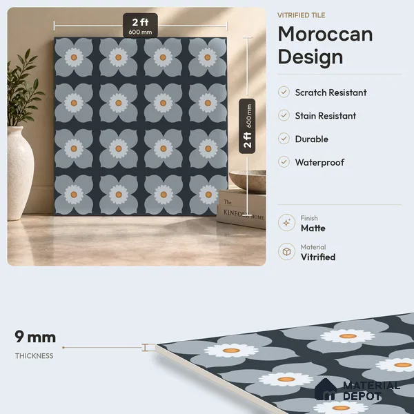 Moroccan Tile TL 08037 Morbid Violet Violet 2 ft x 2 ft Vitrified Matte Finish - 9 mm | Suitable For Kitchen Backsplash, Balcony, Dining Area