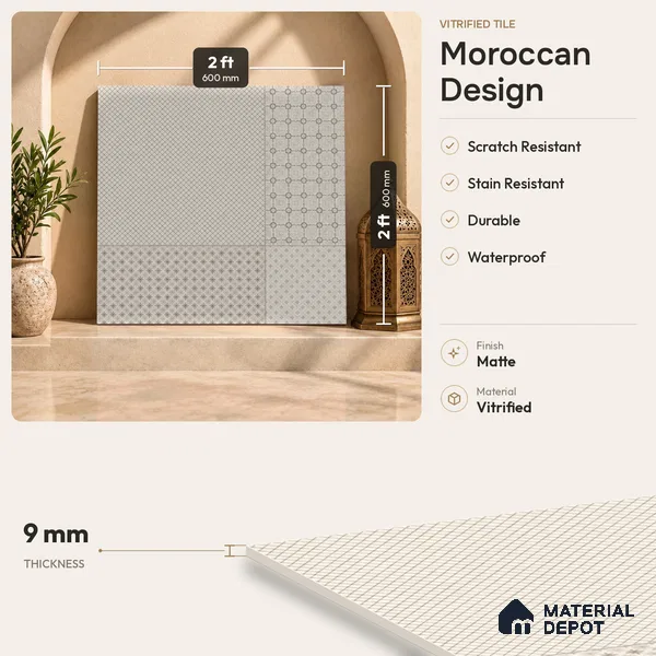 Moroccan Tile TL 08042 Corbi Beige Beige 2 ft x 2 ft Vitrified Matte Finish - 9 mm | Suitable For Balcony, Bathroom, Dining Area | Please Expect a Slight Variation of Pattern
