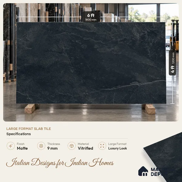 Stone Look Floor & Wall Tile TL 08087 F Archie Nero 6 ft x 4 ft Vitrified Matte Finish - 9 mm | Adhesive and Spacers Must be Used During Installation