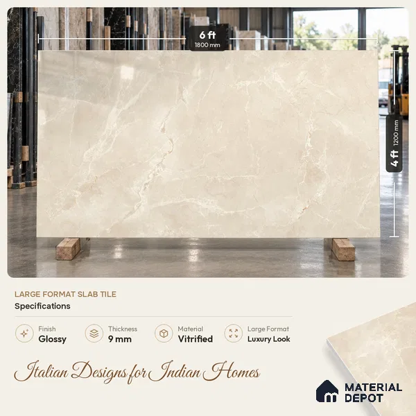 Marble Look Floor & Wall Tile TL 08088 C Alboran Beige Endless 6 ft x 4 ft Vitrified Glossy Finish - 9 mm | Adhesive and Spacers Must be Used During Installation