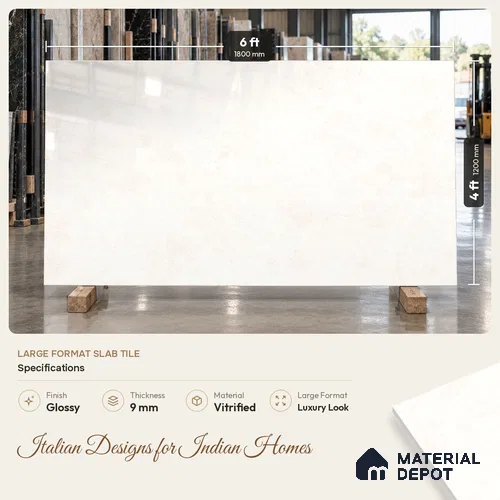 Marble Look Floor & Wall Tile TL 08089 C Bulgari Crema 6 ft x 4 ft Vitrified Glossy Finish - 9 mm | Adhesive and Spacers Must be Used During Installation