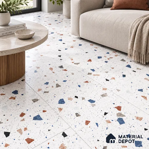 Terrazzo Floor & Wall Tile TL 08094 CV Classic Chips White 4 ft x 2 ft Vitrified Matte Finish - 9 mm