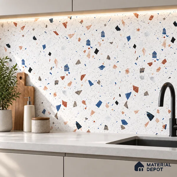 Terrazzo Floor & Wall Tile TL 08094 CV Classic Chips White 4 ft x 2 ft Vitrified Matte Finish - 9 mm