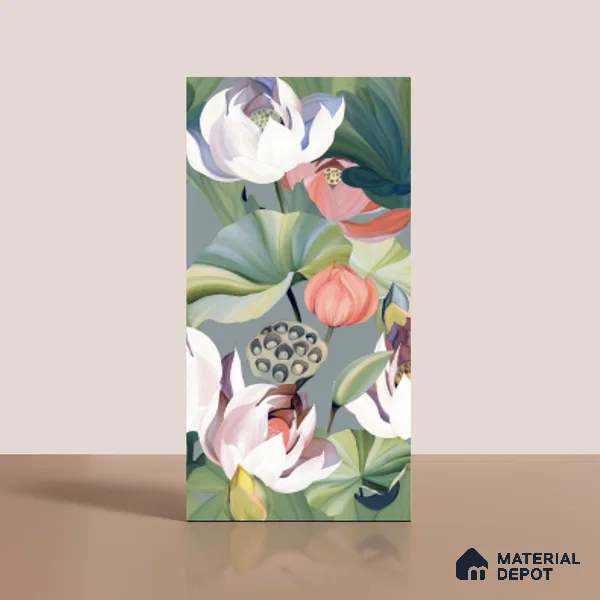 Floral Look Wall Tile TL 08116 SG Lotus Flower Decor 4 ft x 2 ft Vitrified Matte Finish - 9 mm | Random 2 | Suitable for Bathroom, Accent/Feature Wall, Dining Area