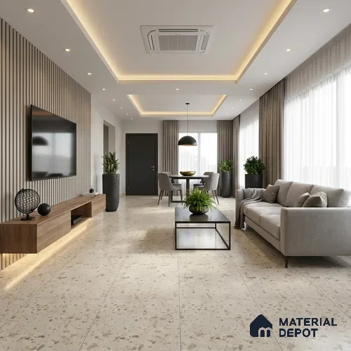 Terrazzo Floor & Wall Tile TL 08117 SG Peperino Blanco 4 ft x 2 ft Vitrified Matte Finish - 9 mm | Random 4