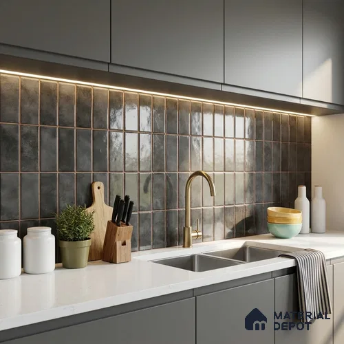 Faux Subway Look Wall Tile TL 08136 C Florim Coal 1 ft x 1 ft Ceramic Glossy Finish - 10 mm | Please Expect a Slight Variation of Pattern