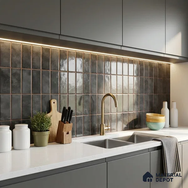 Faux Subway Look Wall Tile TL 08136 C Florim Coal 1 ft x 1 ft Ceramic Glossy Finish - 10 mm | Please Expect a Slight Variation of Pattern