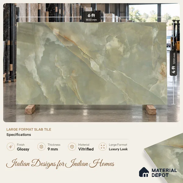 Marble Look Wall & Floor Tile TL 08179 C TM Jennifer Olive 6 ft x 4 ft Vitrified Glossy Finish - 9 mm | Adhesive and Spacers Must be Used During Installation