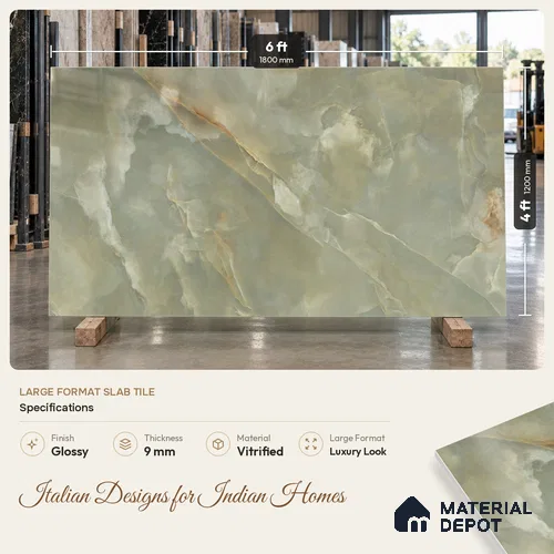 Marble Look Wall & Floor Tile TL 08179 C TM Jennifer Olive 6 ft x 4 ft Vitrified Glossy Finish - 9 mm | Adhesive and Spacers Must be Used During Installation