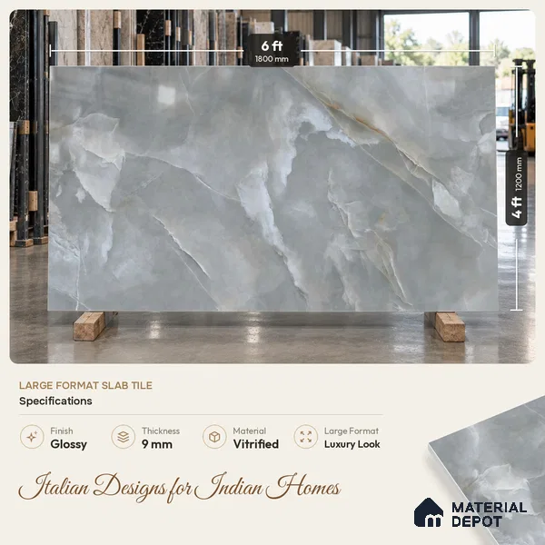 Marble Look Wall & Floor Tile TL 08179 TM Jennifer Grey 6 ft x 4 ft Vitrified Glossy Finish - 9 mm | Adhesive and Spacers Must be Used During Installation