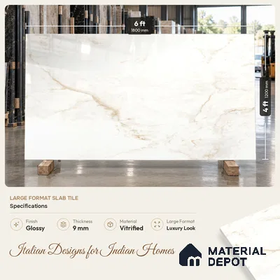 Marble Calacatta Wall & Floor Tile TL 08181 Off-White 6 ft x 4 ft Glossy Finish Vitrified Tile - 9 mm | Suitable For Living Room, Bedroom, Bathroom | Adhesive and Spacers Must be Used During Installation