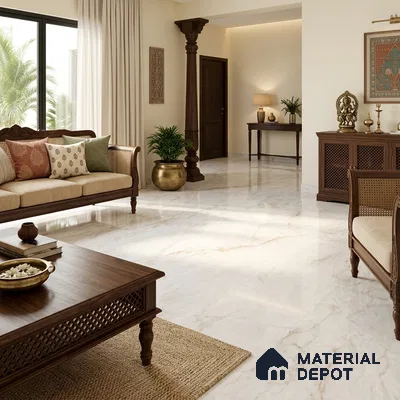 Marble Calacatta Wall & Floor Tile TL 08181 Off-White 6 ft x 4 ft Glossy Finish Vitrified Tile - 9 mm | Suitable For Living Room, Bedroom, Bathroom | Adhesive and Spacers Must be Used During Installation