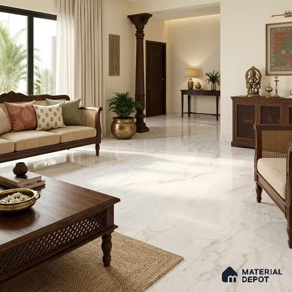 Marble Calacatta Wall & Floor Tile TL 08181 Off-White 6 ft x 4 ft Glossy Finish Vitrified Tile - 9 mm | Suitable For Living Room, Bedroom, Bathroom | Adhesive and Spacers Must be Used During Installation