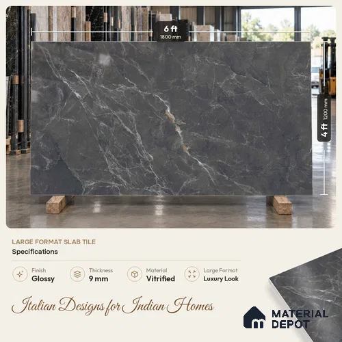 Marble Look Wall & Floor Tile TL 08186 Tokyo Nero Endless 6 ft x 4 ft Vitrified Glossy Finish - 9 mm | Adhesive and Spacers Must be Used During Installation