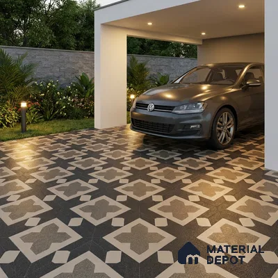 Parking Patterned Floor Tile TL 08196 DC-16 16 inch x 16 inch | Vitrified Anti Skid Matte Finish Heavy Duty Tile - 12 mm | Suitable For High Traffic Areas, Parking, Bathroom | Pattern Alignment May Vary | 2-3 mm Spacer is Mandatory