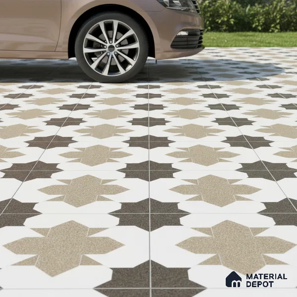 Parking Patterned Floor Tile TL 08196 DC-16 16 inch x 16 inch | Vitrified Anti Skid Matte Finish Heavy Duty Tile - 12 mm | Suitable For High Traffic Areas, Parking, Bathroom | Pattern Alignment May Vary | 2-3 mm Spacer is Mandatory