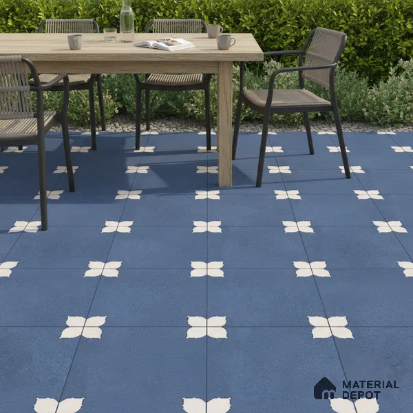 Parking Moroccan Floor Tile TL 08205 B Bloom Azul 16 inch x 16 inch | Vitrified Anti Slip Matte Finish Heavy Duty Tile - 12 mm | Suitable For Bathroom, Parking, Balcony | Pattern Alignment May Vary | 2-3 mm Spacer is Mandatory