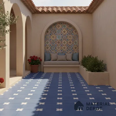 Parking Moroccan Floor Tile TL 08205 B Bloom Azul 16 inch x 16 inch | Vitrified Anti Slip Matte Finish Heavy Duty Tile - 12 mm | Suitable For Bathroom, Parking, Balcony | Pattern Alignment May Vary | 2-3 mm Spacer is Mandatory